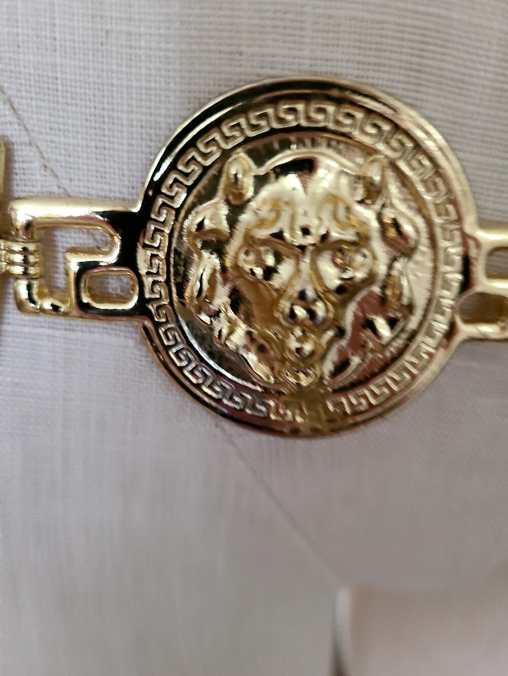 Vintage 1990s Gold Lion Head Medallion Segmented Link & Chain Belt - Picture 5 of 6